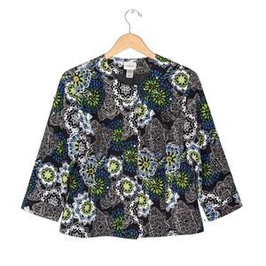 Chicos Jacket Blazer Sz 1 Black Green 3/4 Sleeve Chinese Garden Artsy Unique